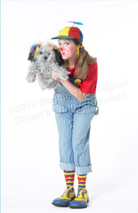 Fannie the clown with a dog puppet