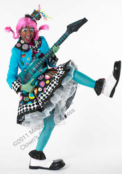 Daisy the clown playing a guitar