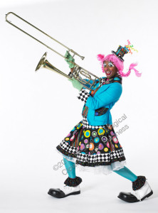 Daisy the clown playing the trombone