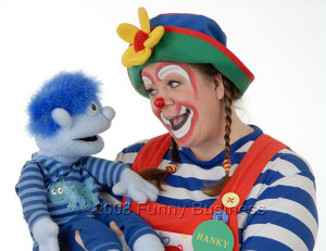 Hanky the clown with a puppet