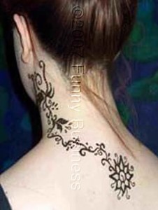 Fancy floral henna neck to back design. Traditional Henna Tattoo Design on a woman's neck & back, created by Dallas Ft. Worth Artist - Karen