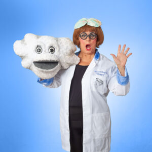 Meteorologist Maggie with Cloudia the cumulonimbus cloud