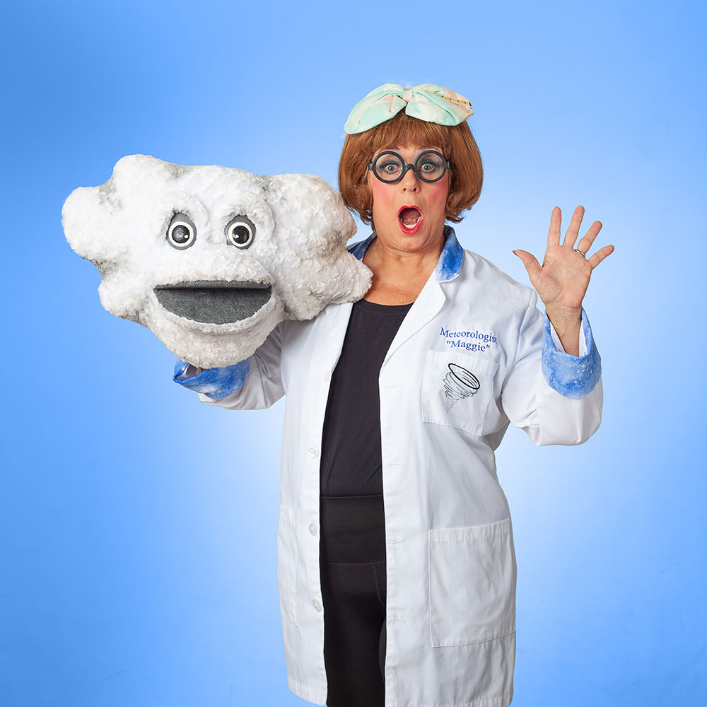 Meteorologist Maggie with Cloudia the cumulonimbus cloud